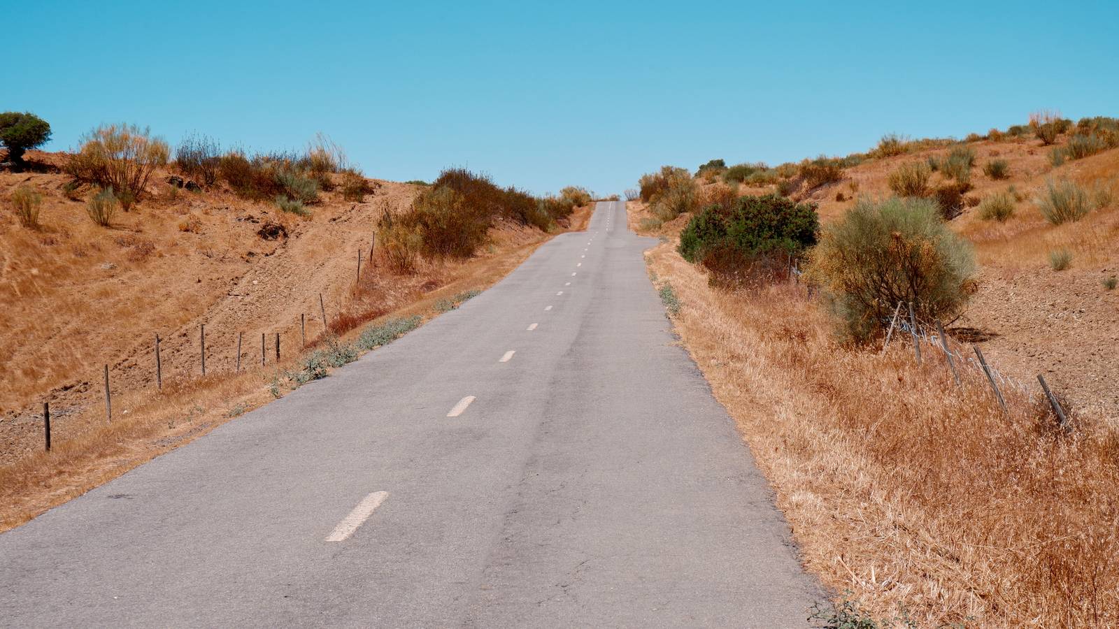 A quiet, empty countryside road in Portugal, typical of driving conditions once you leave the airport behind
